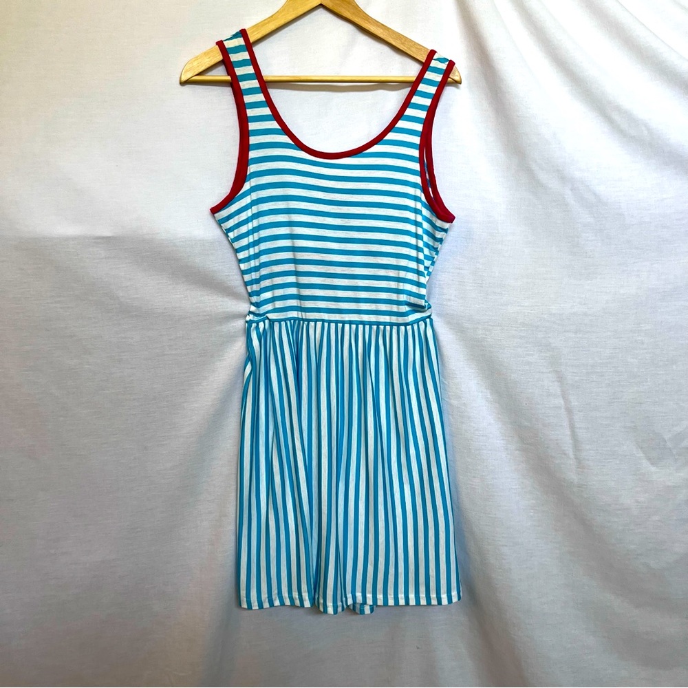 JJ Authentic Aqua and White Striped Pink Trim Cut Out Dress.  Size L